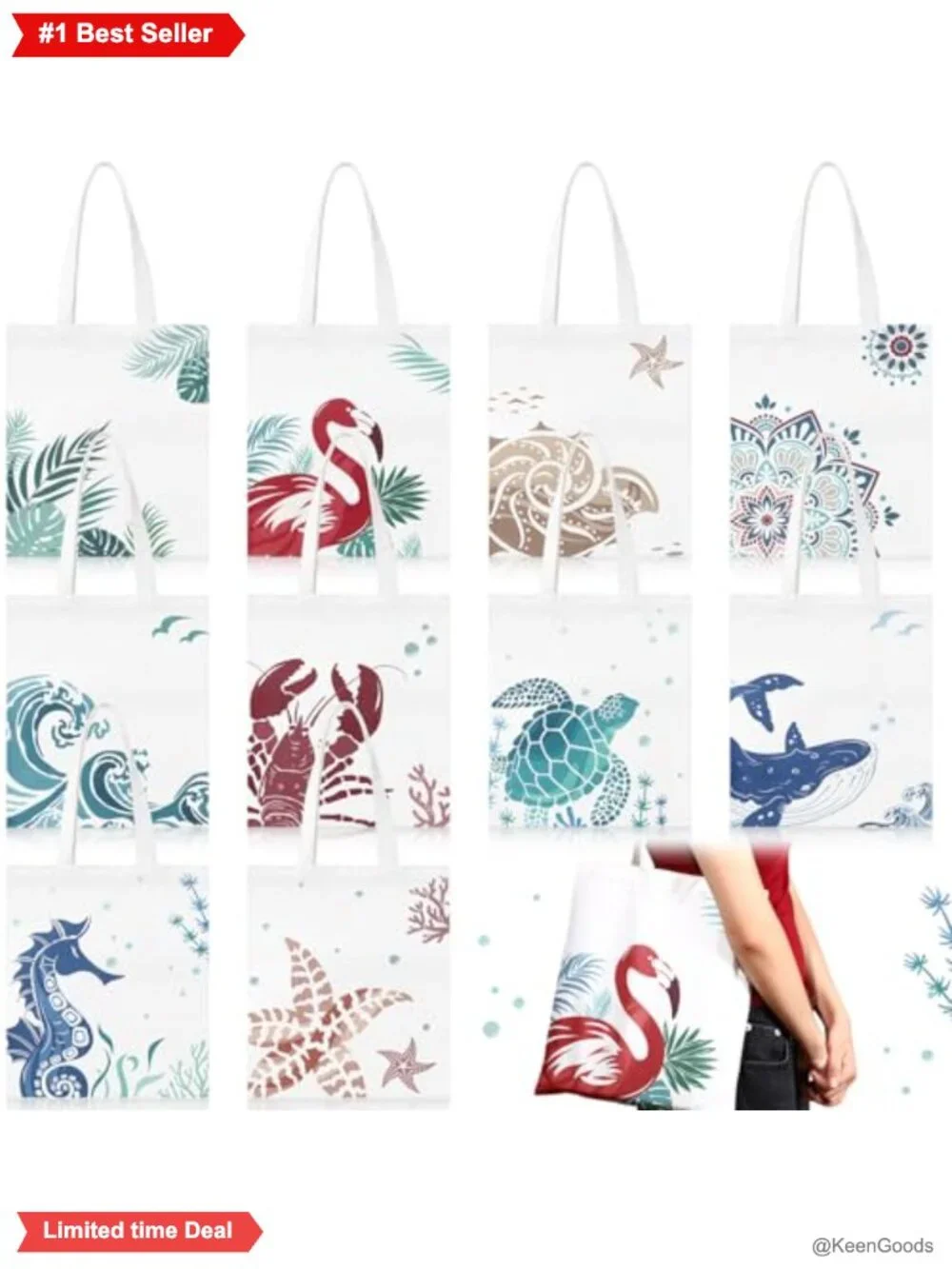 Canvas Tote Bags 10 Pc Reusable Beach Grocery Travel Set